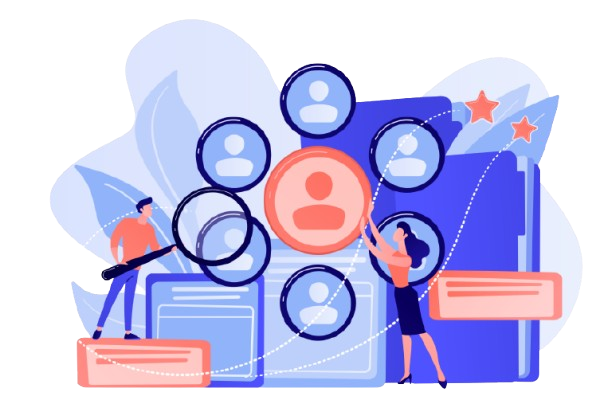 Gerentes de recursos humanos que realizan investigaciones de personal profesional con lupa. Ilustración del concepto de recursos humanos, trabajo en equipo de recursos humanos y servicio de cazatalentos